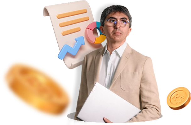 Marco Holanda com ícones de financeiro ao seu redor